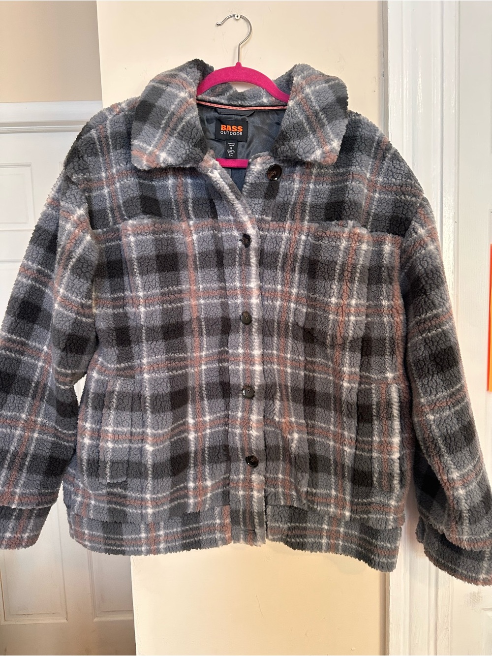 Bass Outdoor Gray Plaid Sherpa Jacket Shacket Coat Size Small